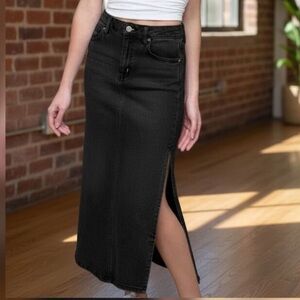 Hidden Black Denim Maxi Skirt with Slit on the Side